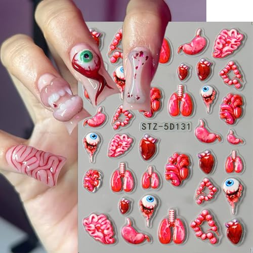 2 Sheets Halloween Horror Nail Art Stickers 5D Embossed Blood Eyes Wounds Pattern Nail Stickers Gothic Horror Day of Death Design Nail Sticker for Women Holiday DIY Manicure Decoration - style: Holiday
