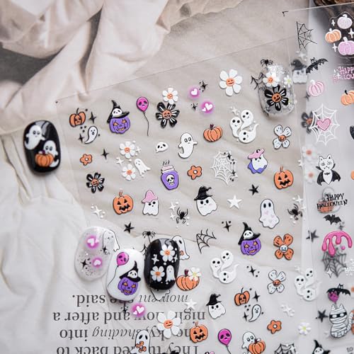 1 Sheet Cute Halloween Nail Art Stickers 5D Embossed Self-Adhesive Nail Decals Flower Ghost Pumpkin Star Spider Web Flower Nail Designs Holiday Nail Decorations for Women Acrylic Manicure Tips - color: Cute Ghost