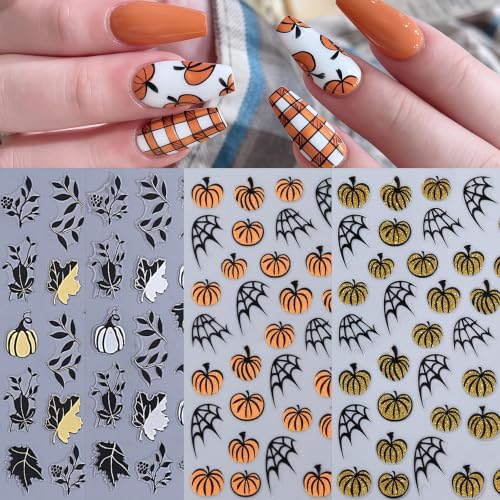 8 Sheets Halloween Pumpkin Nail Stickers 3D Self-Adhesive Spider Web Nail Decals Black Maple Leaf Glitter Pumpkin Nails Design Cute Spider Nail Supplies Manicure Sticker for Women Holiday Decoration - style: spider web