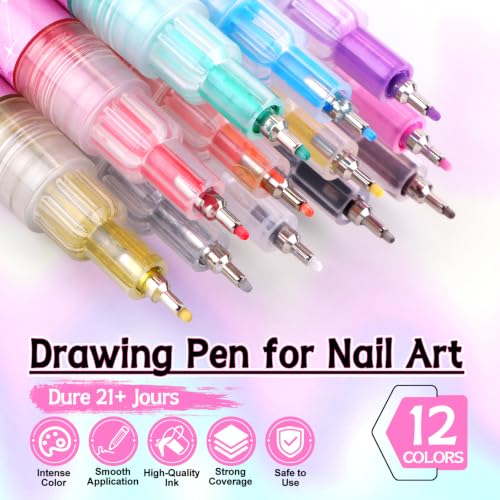 12 Colors Nail Art Pens Set, TOROKOM Nail Art Markers 3D Nail Polish Pens - color: 12 Color-E