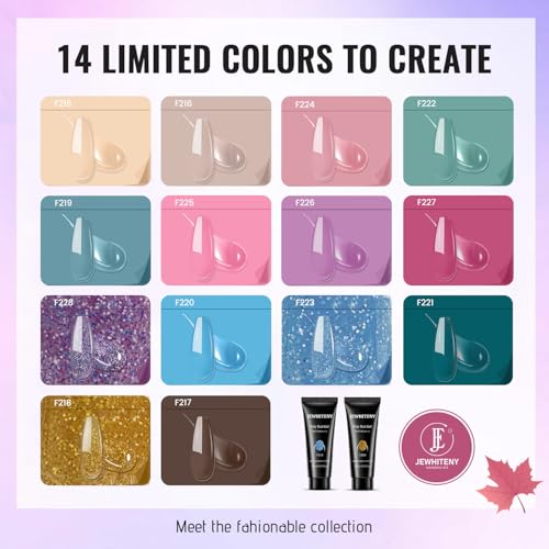 JEWHITENY Poly Gel Nail Kit 14 Colors - Yellow Nude Pink Blue Purple Glitter Tones Starter Kit with UV Lamp Base & Top Coat All-in-One Gift for Women Need U V Light Curing - color: F03