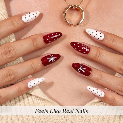 SHANGMENG Red White Press on Nails, Almond Medium Polka Dot Bow Fake Nails - color: Red & White Gala