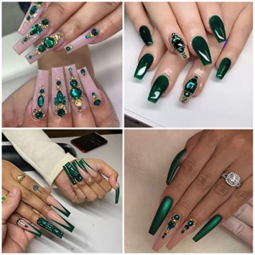 Nail Art Rhinestones Kit Nail Gems Ab Flat bottom special-shaped drill, with Storage Organizer Box/Wax Pencil/Tweezers for Nail Art Craft (Green) - color: Green