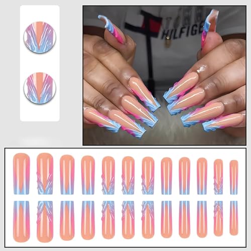 RUOKEXIN French Tip Press on Nails Square Fake Nails Blue Pink Ombre False Nails with 3D Designs Long Nail Press ons Sparkly Artificial Nails Cute Stick on Nails for Women 24Pcs - color: Long Style-C7C22