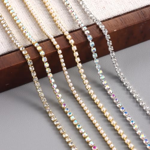 SUTOKAKA 6 Strips Rhinestone Pearl Alloy Nail Chain Charms - color: Gold Silver Rhinestone Pearl Chains