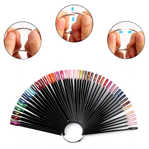 100Pcs Nail Swatch Sticks with Ring, Fan Shape Nail Art Polish Display Tips, False Nail Black Color Display Nail Practice