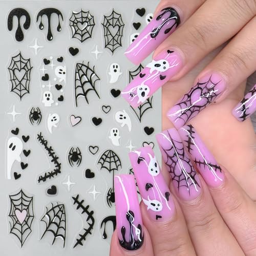 5 Sheet Halloween Nail Stickers 5D Micro Relief Self-Adhesive Cute Ghost Spider Web Nail Decals Ghost Spider Web Skull Bat Nail Design Classic Halloween Decoration for Women Manicure Art Supplies - style: micro relief ghost