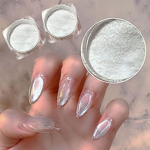 2Pcs Pearl Chrome Nail Powder - Ice Transparent Aurora, White Chameleon Iridescent Pigment for Nails - High Gloss Pearlescent Glitter (2pc White) - color: 2pc White