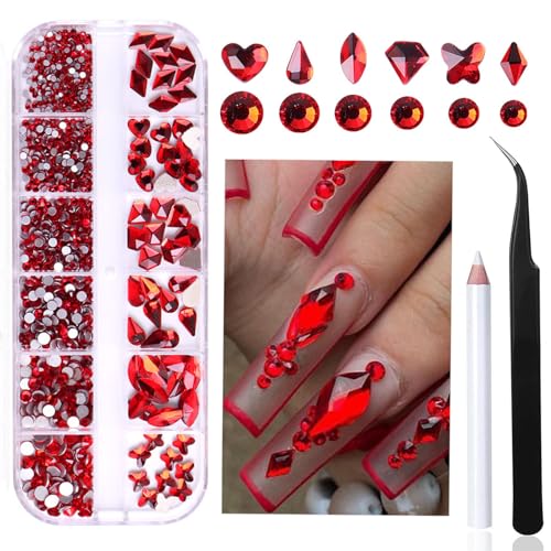 Nail Art Rhinestones Kit Nail Gems Ab Flat Bottom Special-Shaped Drill, with Storage Organizer Box/Wax Pencil/Tweezers for Nail Art Craft (Red) - color: Red