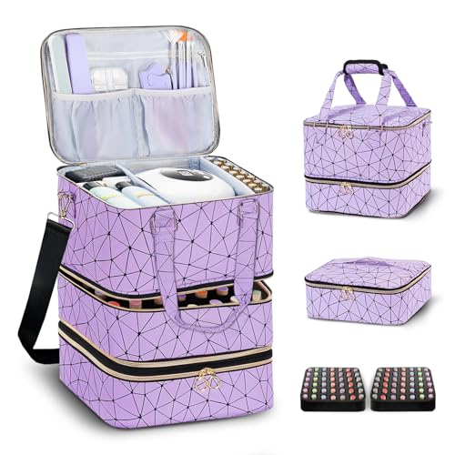DHXYZZB Nail Polish Organizer Storage Bag - Holds 84 Bottles (15ml/0.5fl.Oz) & Manicure Tools & UV Lamp, 3 Layers Detachable PU Leather Nail Kit Storage Case, Large Travel Nail Supplies Shoulder Bag - color: Purple