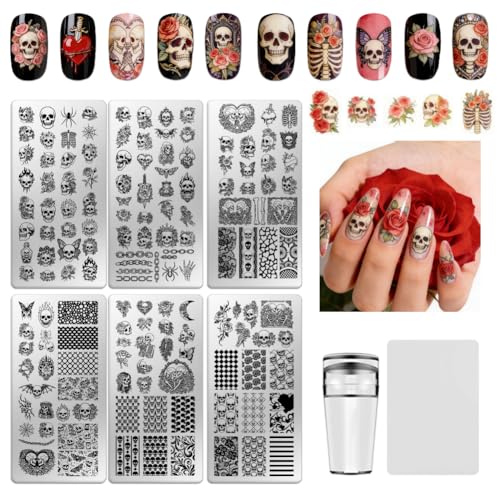 6 Sheets Nail Stamping Plate Skull Rose Nail Art Stamp - color: Skull Rose