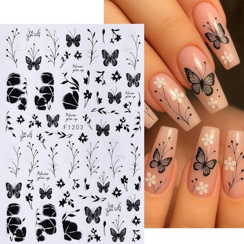 6 Pcs Flower Nail Stickers 3D Self-Adhesive Black Butterfly Nail Art Decals with Strawberry Floral Leaves Design Stickers Spring Summer Decals for Women - color: Floral