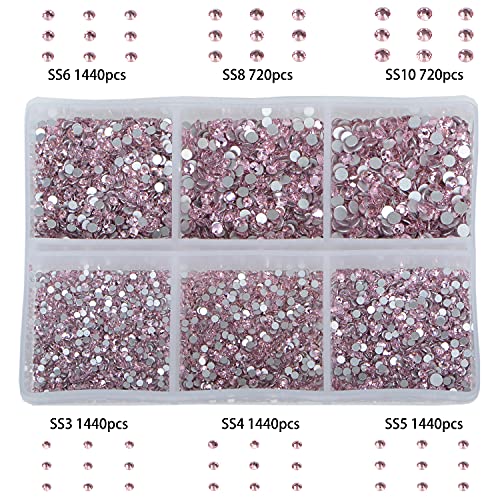 Bymitel 7200 Pieces 6 Mixed Sizes Glue Fix on Glass Rhinestones Round Crystal Gems Flatback for DIY Jewelry Making with one Picking Pen(6-Sizes 7200PCS, Lt. Rose) - color: Lt. Rose, size: 6-SIZES 7200PCS