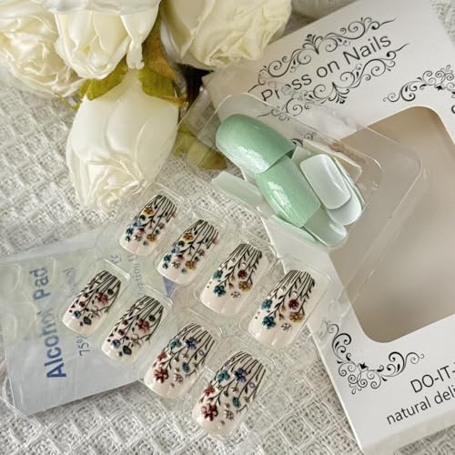 Flower Press on Nails Short Square Fake Nails Green White False Nails Full Cover Acrylic Nails Press ons Spring Floral False Nails with designs Stick on Nails Gel Glue on Nails for Women Summer Nails - color: s34