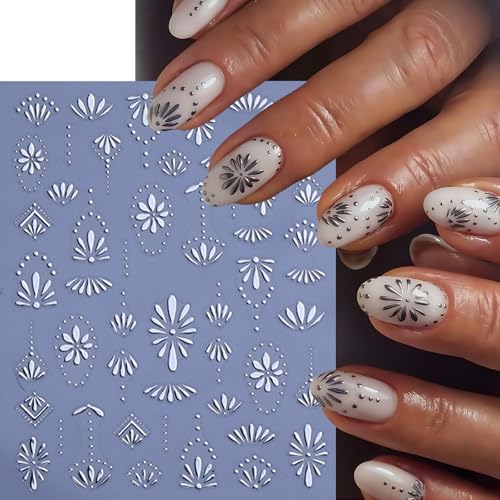 6 Sheets Bohemian Nail Stickers for Nail Art 3D Self-Adhesive Flower Nail Art Stickers Gold Silver Floral Nail Decals Bohemian Style Retro Blue Manicure Art Decoration Charms for Women Nails Supplies - style: flower