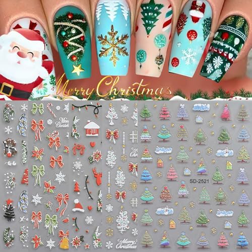 Christmas Nail Stickers, 5D Embossed Holly Leaf Nail Decals Snowflake Elk Lights Bell Xmas Tree Winter Nail Design Holiday Nail Art Decoration for Women Girls(5Sheets) - style: Holly Leaf