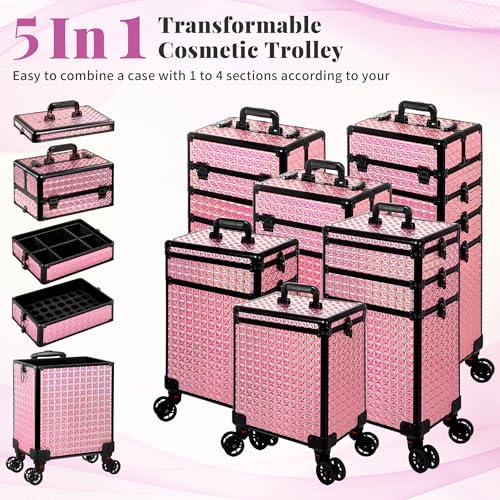 AROUS 5 in 1 Rolling Makeup Train Case with Lid Cosmetology Case on Wheels - color: Pink