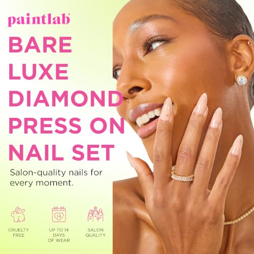 PaintLab Bare Nude Lux 3D Diamond Press On Nails, Medium Almond, 30pcs Kit, - color: Bare Lux