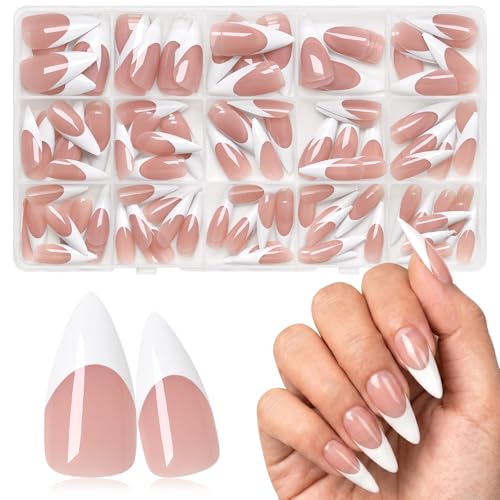 White French Tip Press on Nails,Long Stiletto Nails,Nude Base - color: White French Tips in Nude Base
