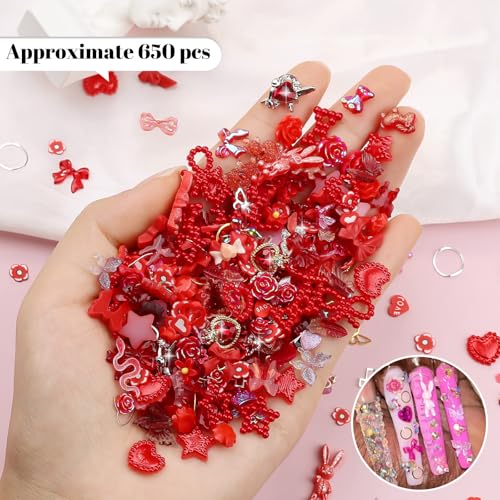 650PCS Cute 3D Resin Nail Charms and Gems Red Flower Bow Butterfly Charms - color: Red