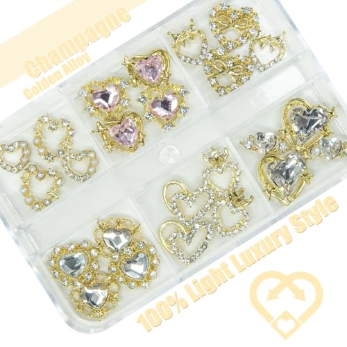 24pcs Heart Nail Charms Luxury Alloy Charms for Nails, qiipii 12 Pair 3D Gold Nail Art Rhinestones Nail Gems Golden Nail Crystal Diamonds Jewelry Stones Studs Nail Supplies Nails Decor Crafts 1 Box - color: Luxury Charms -Heart(A), size: 1 Box