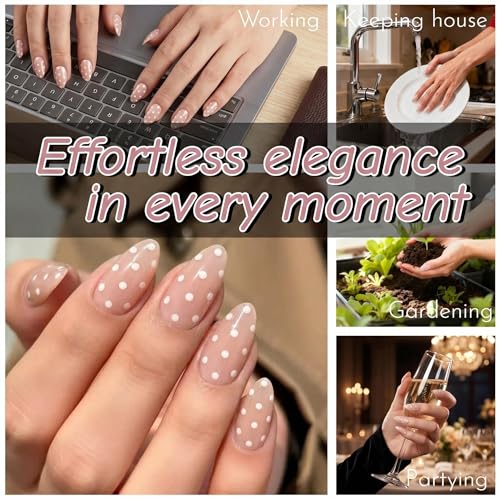Nude Press On Nails Almond White Polka Dot 24PCS - color: 0092-White Polka Dots