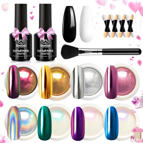 Beetles Metallic Chrome Nail Powder Kit Black White Colors Gel Polish - color: B - Multicolor-8-10