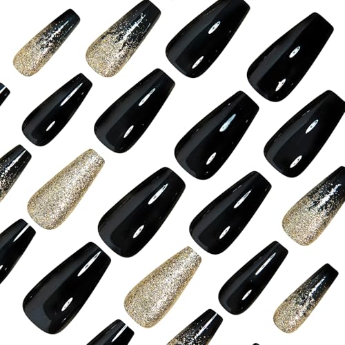 MISUD Press on Nails - Long Coffin Fake Nails with Black Gold, Acrylic Bling Glitter Design 24 pcs - color: 019A05-04Black&Gold
