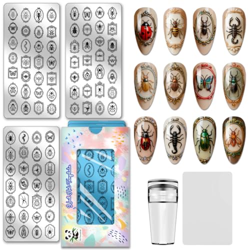 PH PandaHall 3pcs Insect Nail Stamping Plates Butterfly Dragonfly Nail Art Plates Beetle Spider Bee Nails Image Plates Gothic Style Nails Art Templates for Women Manicures Salon DIY Printing Design - style: Insect