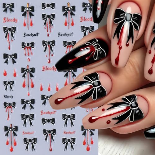 4 Sheets Embossed Halloween Nail Stickers for Nail Art 5D Self-Adhesive Black Bow Spider Web Nail Art Stickers Bow Blood Drop Bats Nail Decals Nails Design Sticker for Women DIY Festival Nail Decor - style: black bow spider web