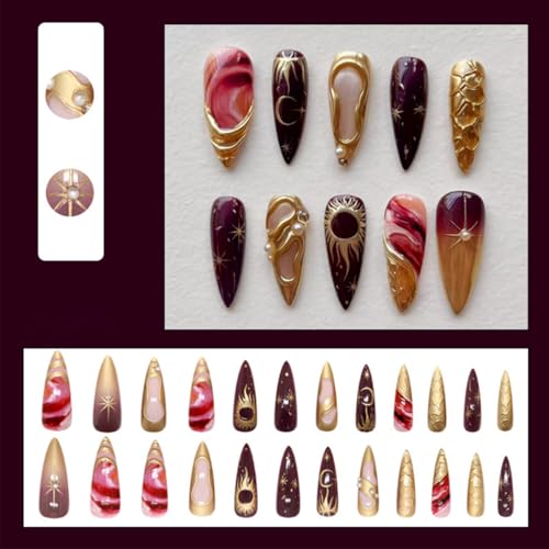 24Pcs Gothic Press On Nails Almond Long Stiletto Fake Nails Luxury Chrome Gold 3D Rhinestone Designs Y2k Sun Moon Star Stick On Nails Reusable Acrylic False Nails for Women Girls Nail Art Decoration