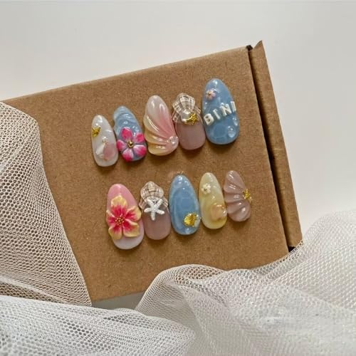 Press On Nails Medium Almond Shape - 3D Handmade Acrylic Gel Fake Nails with Glitter Designs, Reusable Thick Almond Nails for Women DIY Manicure Kit (10PCS, L Size, Easy Application) - color: 450, size: L