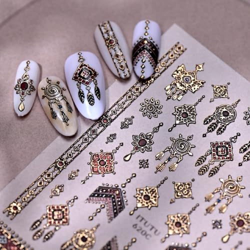 Boho Nail Stickers Gold Black Red Ethnic Tribal Feather Designs - color: Color 32