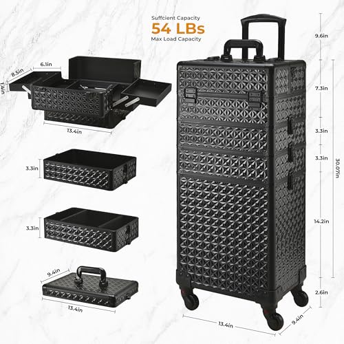 Rolling Makeup Case, Makeup Train Case with Lid, 5 in 1 Cosmetology Case on Wheels, Christmas Gift, Large Makeup Case Organizers, Profesional Cosmetic Case for Salon Barber,Black - color: Black