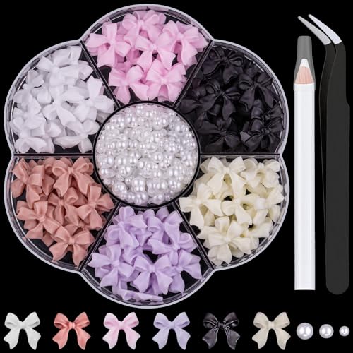1 Box 3D Bow Charms & Flatback Pearls Set - 120 Pcs Cute Bow Charms in 6 Colors + 2-4mm White Nail Pearls with Pickup Tweezer & Pencil for Nail Art Decoration - color: Style A - 6 Colors Set 1