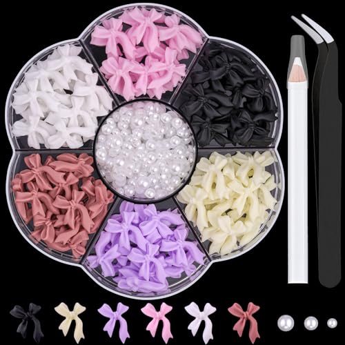 BELLEBOOST 1 Box 3D Bow Nail Charms and Flatback Pearls Set 7, 120 Pcs Cute Bow Charms in 6 Colors for Nail Design + 2-4mm White Nail Pearls with Pickup Tweezer and Pencil for Nail Art Decoration - color: Style C - 6 Colors Set