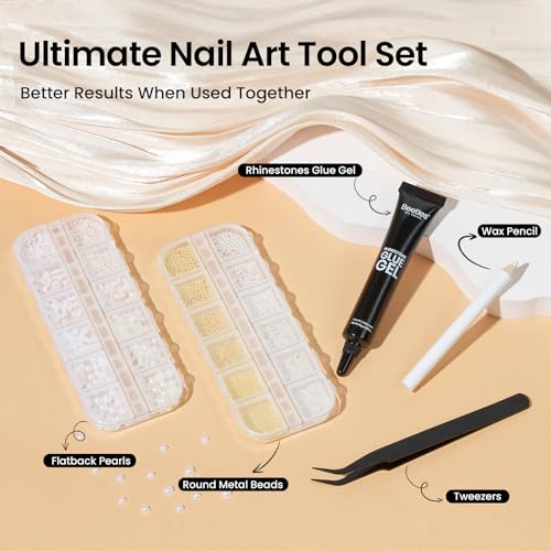 Beetles 3D Nail Charms Gold Silver Nail Beads and White Pearl with 15g - color: E - Gold White-4