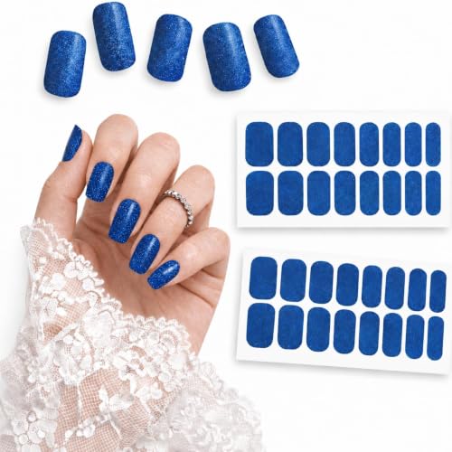 No UV Nail Stickers, 32 Blue Glitter Nail Wraps, Zero Dry Time - color: Blue Glitter