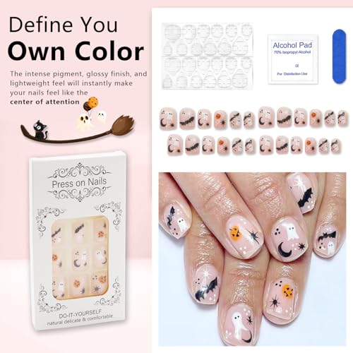 Halloween Press on Nails Cute Little Ghost Pumpkin Designs False Nails Extra Short Square Bats Fake Nails Glue on Nails Pink Glossy Acrylic Nails Full Cover Halloween Stick on Nails for Women 24 Pcs - color: Style 16