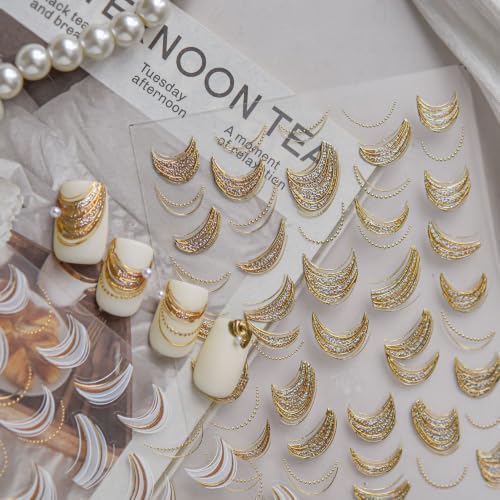 5D Embossed Nail Stickers, Premium Salon-Quality Self-Adhesive 3D Nail Art Decals, Refined Classic Designs for Easy DIY Manicure (Golden Crescent) - color: Golden Crescent