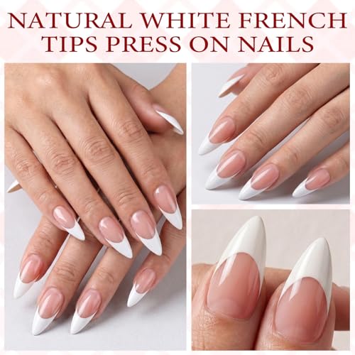 White French Tip Press on Nails,Long Stiletto Nails,Nude Base - color: White French Tips in Nude Base