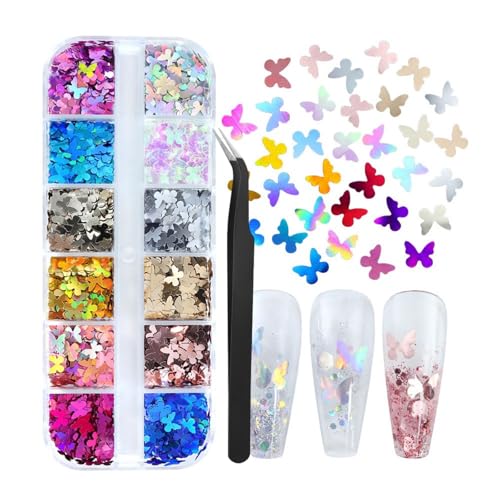 1 Box 12 Color Holographic Butterfly Nail Glitter Laser Silver Nail Sequins 3D Red Gold Nail Flakes Sparkly Powder Flakes Shiny Nail Glitter Colorful Nail Sequins Glitter for Nails Art 12 Grids - color: Color 44