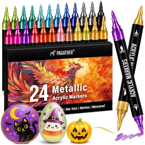 Pagather Metallic Acrylic Paint Markers, 24 Colors Dual Tip Pens Set