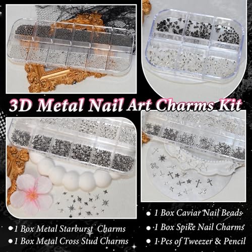 Punk Gothic Nail Art Studs, Black Silver Caviar Beads & Spike Nail Charms - color: S3