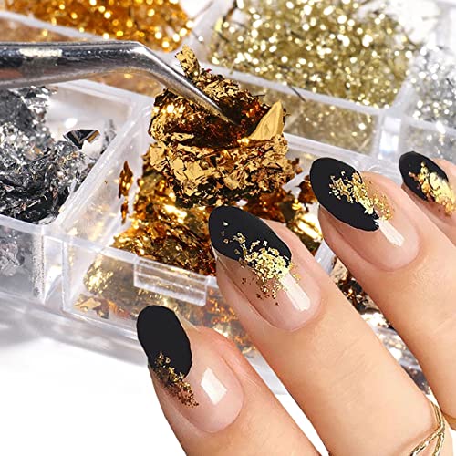 Holographic Nail Foil Flakes 3D Sparkly Aluminum Foil Glitter Sequins Nail Art Supplies Gold Silver Nail Art Foil Glitter Paillettes Line Strip Nail Glitter Flakes for Acrylic Nails Design (6 Grids) - color: A1