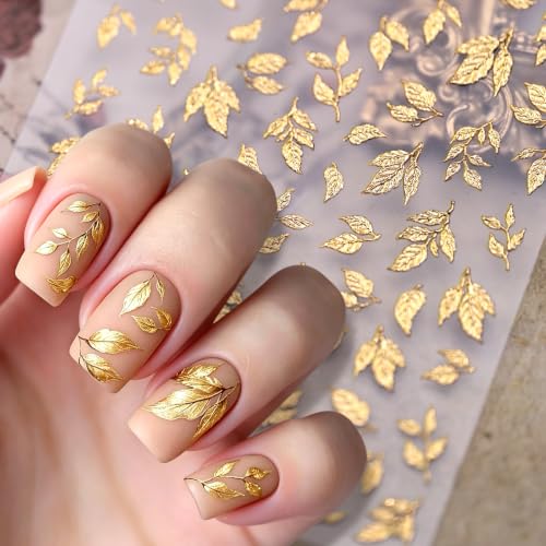 1 Sheet Fall Gold Leaf Nail Stickers 5d Embossed Leaves Nail Decals - color: Gold Leaves