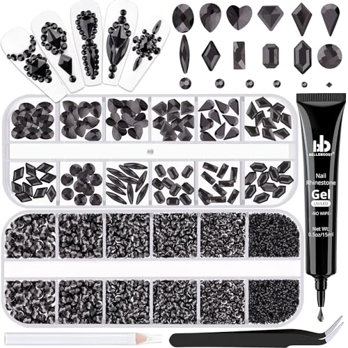 BELLEBOOST 2630Pcs Black Glass Nail Rhinestones: 120Pcs Multi Shapes + 2510Pcs 1.5-4mm Round, Nail Art, Manicure, Craft Beads - color: 27 Black Crystal+ glue, size: 2 pack