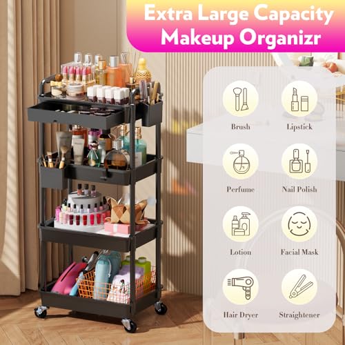 SUNALLY Makeup Cart Organizer with Drawer,4 Tier Rolling Makeup Cart, Black - color: Black, size: 4 Tier