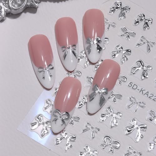 5D Embossed Bow Nail Stickers 4PCS Metalic Gold Silver Bow Charms - color: Chrome