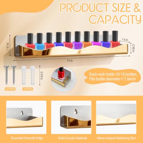 15" Nail Polish Wall Rack 6 Pack, Wall Mounted Organizer Holds 66+ Bottles - color: Gold-polished